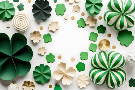 Flat lay composition with shamrocks and confetti on white backgroundの写真素材