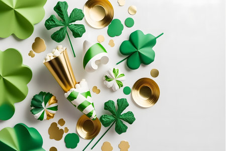 St. Patrick's Day flat lay composition with gold coins, clover leaves and golden coins on white backgroundの写真素材