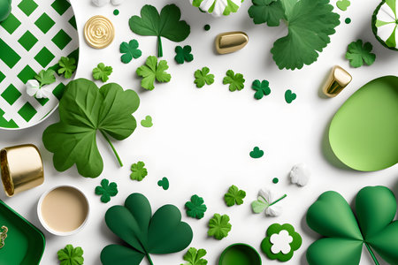 St. Patrick's Day background with green clover leaves, golden coins and gold coins. 3D Renderingの写真素材