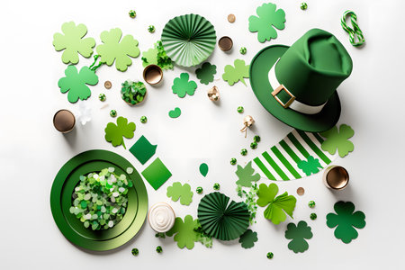 St. Patrick's Day background with shamrocks and leprechaun hat. 3d illustrationの写真素材