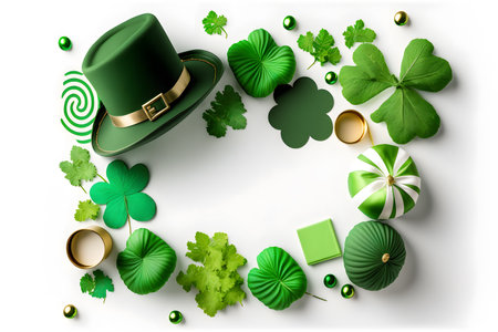 St. Patrick's Day background with leprechaun hat, green clover leaves and gold coins. 3d renderingの写真素材