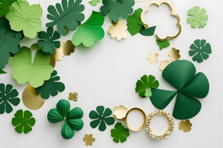3d render of shamrocks and golden rings on white backgroundの写真素材