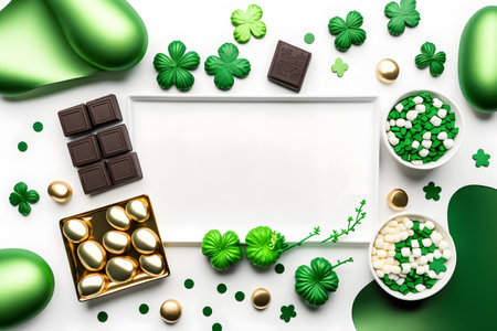 Happy St. Patrick's Day greeting card mockup with gold coins, shamrock leaves, chocolate and sweets on white backgroundの写真素材