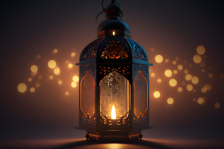 Lantern with burning candle on dark background. Ramadan Kareem backgroundの写真素材