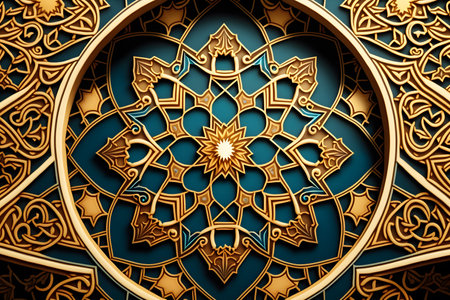 Arabic pattern on blue background. 3d rendering. Computer digital drawing.の写真素材