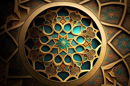 3D illustration of a golden arabic pattern on a blue backgroundの写真素材
