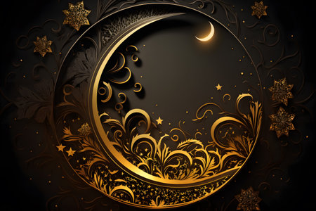 3D illustration of black background with gold floral ornament and crescent moonの写真素材