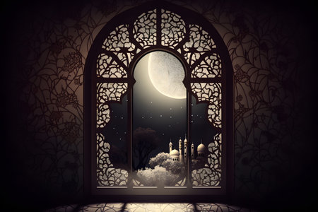 Ramadan Kareem greeting card. Islamic window with moon and mosqueの写真素材