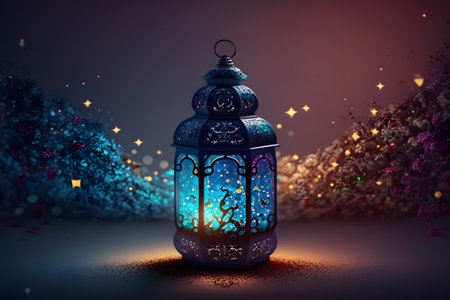 Lantern with blue light. Ramadan Kareem greeting card.の写真素材