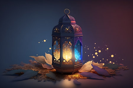 Ramadan Kareem Greeting Card. Festive Arabic Lantern with burning candle and autumn leaves.の写真素材