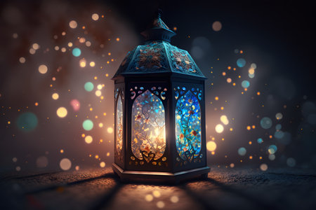 Lantern in the dark. Ramadan Kareem greeting card background.の写真素材