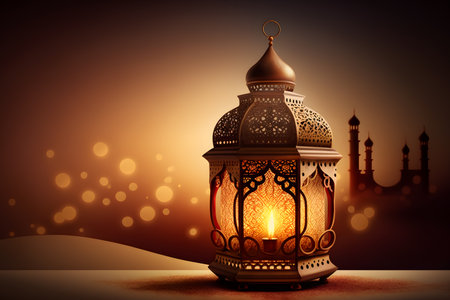 Ramadan Kareem greeting card with glowing lantern and mosque on backgroundの写真素材