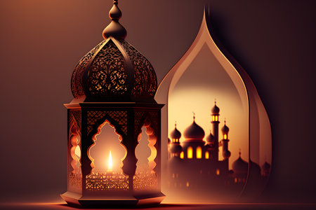 Ramadan Kareem greeting card with mosque and lantern. 3D renderingの写真素材