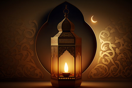 Ramadan Kareem greeting card with arabic lantern and crescent moonの写真素材