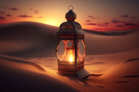 Lantern in the desert. Ramadan Kareem. 3D renderingの写真素材