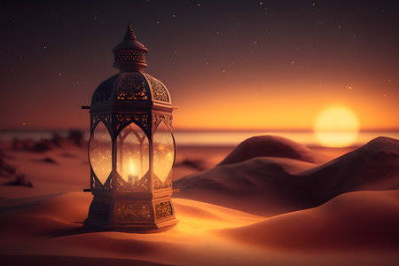 Lantern on the beach with sunset. Ramadan Kareem backgroundの写真素材