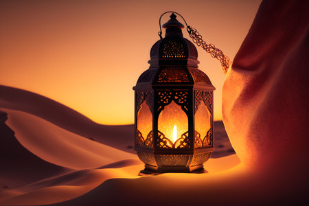 Lantern in the desert. Ramadan Kareem greeting card.の写真素材