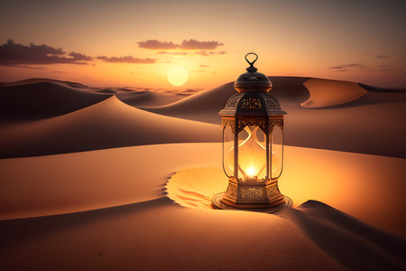 Lantern in the desert at sunset. Ramadan Kareem backgroundの写真素材