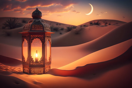 Lantern in the desert at sunset. Ramadan Kareem backgroundの写真素材