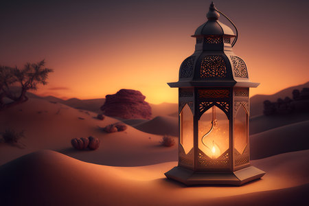 Lantern in the desert at sunset. 3D rendering.の写真素材