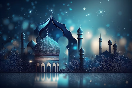 Ramadan Kareem greeting card with mosque and moon. Vector illustrationの写真素材