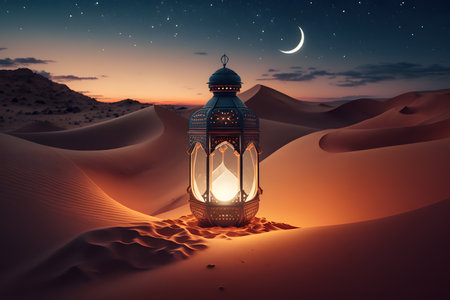 Ramadan Kareem background with arabic lantern in the desertの写真素材