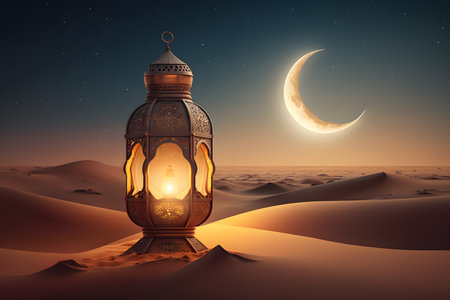 Lantern in the desert. Ramadan Kareem greeting card.の写真素材