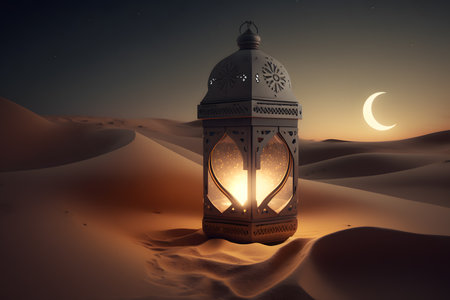 Lantern in the desert. Ramadan Kareem background. 3D renderingの写真素材