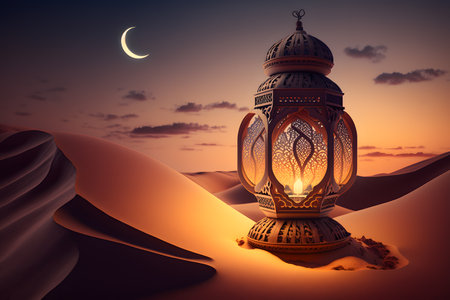 Lantern in the desert. Ramadan Kareem. 3D renderingの写真素材