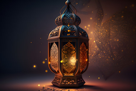 Ramadan Kareem greeting card with beautiful arabic lantern on dark backgroundの写真素材