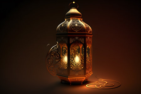 Lantern with Arabic ornament on dark background. 3d illustrationの写真素材
