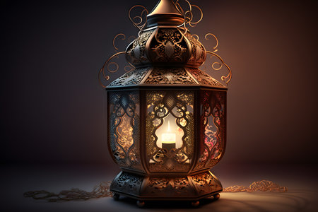 Lantern with burning candle on dark background. 3d illustrationの写真素材