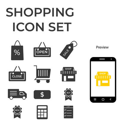 Shopping set icon, logo isolated on white background. Shop, shipping and discounts, shopping Cart, discounts, new arrivals.elegant and trendyのイラスト素材