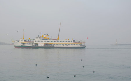 Foggy morning in Istanbul early hours of passenger steamers, in dense fog journey.のeditorial素材