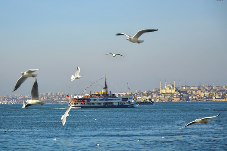 Istanbul strait, the sea ferry and the Sultanahmet mosque in the backgroundの写真素材