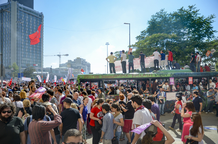 Istanbul, Turkey - June 9, 2013: in protests in Taksim suffered damage municipality buses. A wave of demonstrations and civil unrest in Turkey began on 28 May 2013, initially to contest the urban development plan for Istanbul's Taksim Gezi Park. The proteのeditorial素材