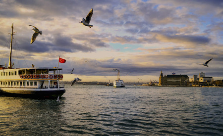 Istanbul, Turkey - January 19, 2013: Ferries in ?stanbul.boats has traversed the waters of the Bosphorus for millennia and until the opening of the first Bosphorus bridge in 1973 were the only mode of transport between the European and Asian halves of Istのeditorial素材