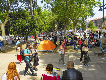 Istanbul, Turkey - June 5, 2013: Taksim Gezi Park guarding the protesters set up tents. A wave of demonstrations and civil unrest in Turkey began on 28 May 2013, initially to contest the urban development plan for Istanbul's Taksim Gezi Park. The protestsのeditorial素材