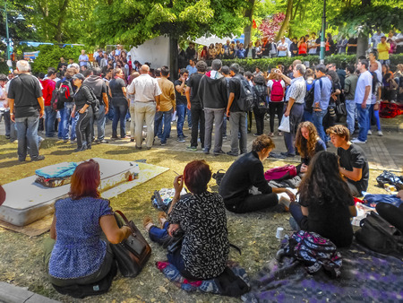 Istanbul, Turkey - June 5, 2013: When speaking groups of protesters. A wave of demonstrations and civil unrest in Turkey began on 28 May 2013, initially to contest the urban development plan for Istanbul's Taksim Gezi Park. The protests were sparked by ouのeditorial素材