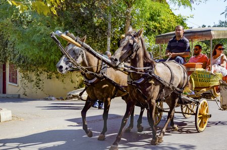 Istanbul, Turkey - September 29, 2013: Coachman Horse Carriage Ride. Buyukada, Princes' Islands, also known as Istanbul is the largest to the islands off of the coast. Buyukada motor vehicle is not being used, such as the Phaeton carriage taxi service is.のeditorial素材