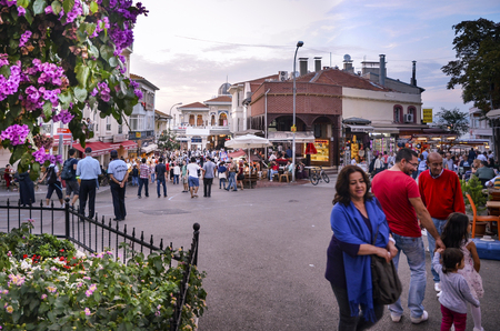 Istanbul, Turkey - September 29, 2013: Buyukada Square, in the evening hours. island in the background looks ferry pier. Buyukada, Princes' Islands, also known as Istanbul is the largest of the islands off the coastのeditorial素材