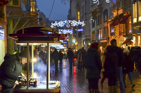 Istanbul, Turkey - December 21, 2012: Istiklal Avenue in the Beyoglu district of Istanbul. Istiklal Street is the most popular streets of Istanbul. Istiklal street, cafes, bars, restaurants, shopping centers and historical texture with a 24-hour entertainのeditorial素材
