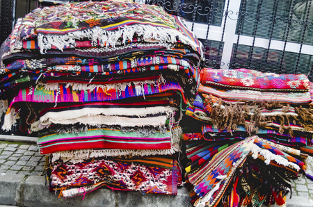 Many motifs are used in Turkish kilims. Detail of a Turkish kilim, illustrating usage of several kilim motifs.の写真素材