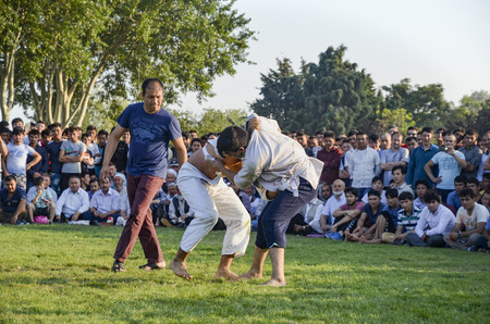Istanbul, Turkey - July 31, 2016: Central Asian Turkmen wrestling. in Zeytinburnu district of Istanbul, Turkmen wrestling sports events held in the coastal meadows. Turkmen, Uzbek, Afghan, Turkish, Turkmenistan, Kazakhstan, Turkey and other Central Asian のeditorial素材