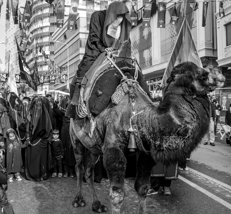 Istanbul, Turkey - October 11, 2016: Representation on the camels to revive Karbala in the seventh century takes part in an Ashura parade. Turkish Shia Muslims mourning for Imam Hussain. Caferis take part in a mourning procession marking the day of Ashuraのeditorial素材