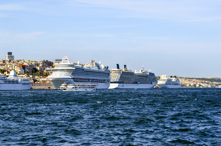 Istanbul, Turkey - August 18, 2012: Golden Horn view of Karakoy  (foreground) from Eminonu in 2012. The docks for cruise ships extend along the shore from the mouth of the Golden Horn northeastward to the Tophane and FÄ±ndÄ±klÄ± districts on the Bosphorusのeditorial素材