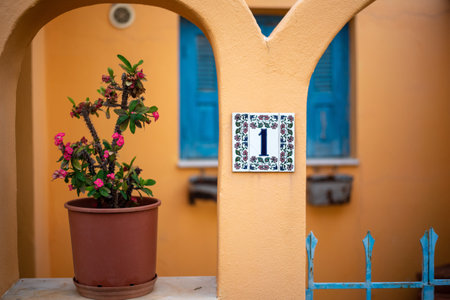 Detail of the facade of a house in Hersonissos, Crete, Greeceの写真素材