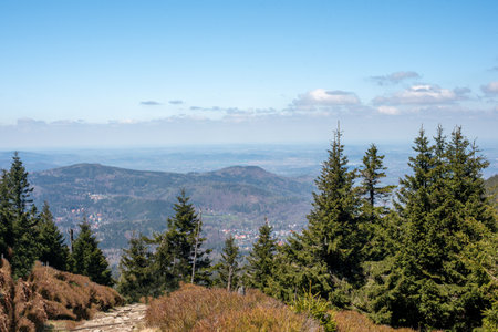A breathtaking view from Mount SnÄÅ¾ka towards the Polish side of the Karkonosze Mountains, highlighting the stunning landscapes of Karkonosze National Park.の写真素材