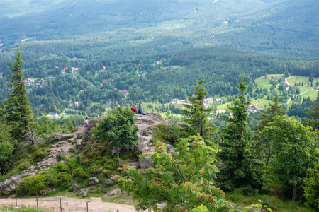 Views from Wysoki Kamien peak at 1058m in the Jizera Mountains reveal breathtaking landscapes of...