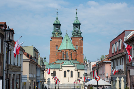 Historic Cathedral of Gniezno in Greater Poland, Poland, showcasing Gothic architecture and cultural heritage.の写真素材